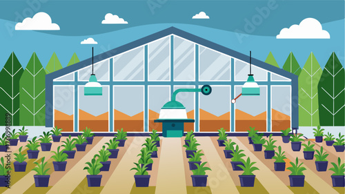 A greenhouse with automated planting beds equipped with soil compaction sensors ensuring ideal growing conditions for crops.. Vector illustration