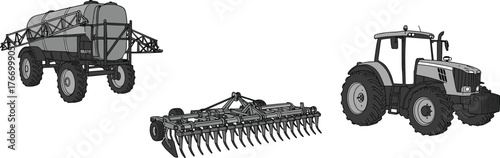 Agricultural machinery, modern tractor, farm equipment, soil cultivator, crop sprayer, farming technology, rural industry, agriculture tools, field work, harvest preparation, cultivation, pesticide