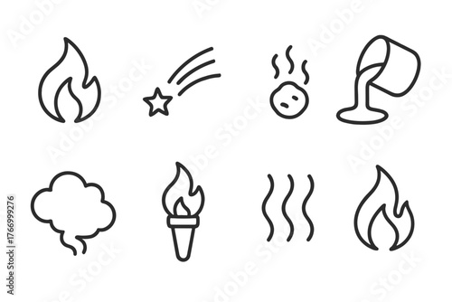 Fire and Heat Icons. Line style icons of Fire and heat: flame, spark trail, ember, molten metal, smoke cloud, torch flame, heat