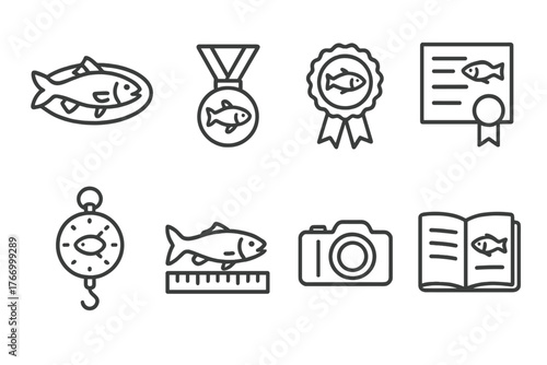 Fishing Trophy Icons. Line style icons of Fishing trophies: mounted fish, medal, ribbon, certificate, scale, measuring board,