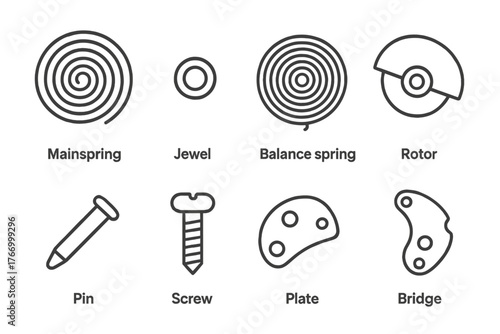 Watch Precision Parts Icons. Line style icons of Precision parts: mainspring, jewel bearing, balance spring, rotor, pin, screw,