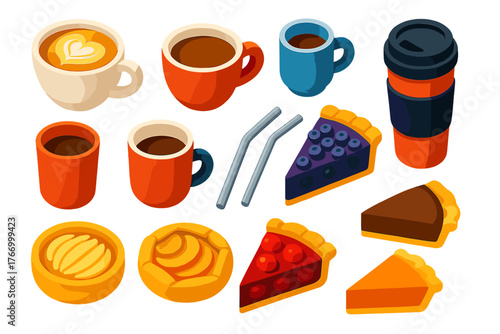 Coffee and Pastries Icons. Isometric vector illustration set Coffee Equipment and Breakfast Treats: latte cup, cappuccino mug,