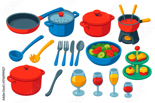 Kitchenware Icon Set. Isometric vector illustration set Kitchen and Dining Elements: sauté skillet, saucepan steamer, Dutch oven,
