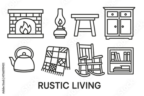 Rustic Home Icons. Line style icons of Rustic living: fireplace, oil lamp, wooden table, cupboard, kettle, quilt, rocking chair,