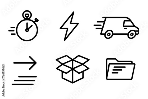 Express Mail Icons. Line style icons of Express Mail: Stopwatch, Lightning Symbol, Motorbike, Fast Van, Arrow, Open Box, Speed