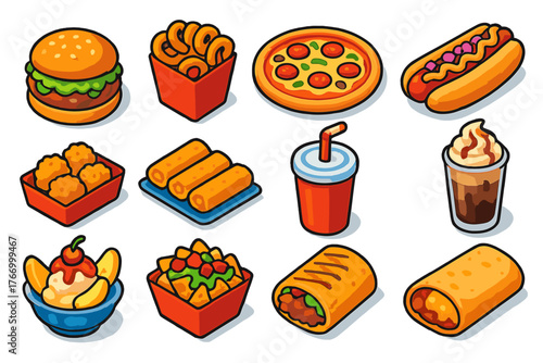 Vibrant Fast Food Icons. Isometric vector illustration set Fast Food Items: guacamole burger, curly fries, thin crust pizza, hot