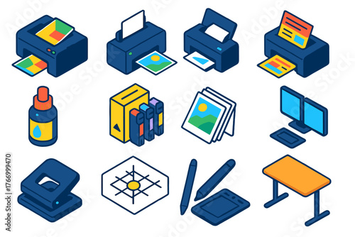 Colorful Printing Equipment Icons. Isometric vector illustration set 2D printing, design, and technology: brochure printer,
