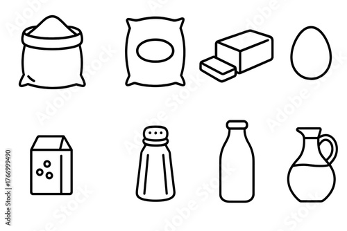 Baking Ingredients Icons. Line style icons of Baking ingredients: flour bag, sugar sack, butter block, egg, yeast packet, salt