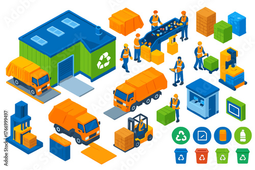 Recycling Facility Scene. Isometric vector illustration set Recycling Center: main recycling building, weighbridge, waste trucks