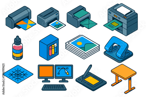 Colorful Printing Equipment Icons. Isometric vector illustration set 2D printing, design, and technology: brochure printer,