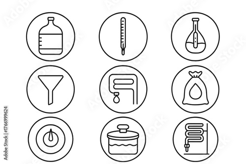 Distillery Equipment Icons. Line style icons of distillery equipment in round shape: glass carboy, thermometer, hydrometer,