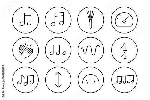 Jazz Rhythm Icons. Line style icons of jazz rhythms in round shape: swing note symbol, syncopated beat, brush stroke icon, tempo
