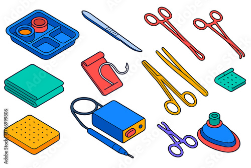 Surgical Tools Set. Isometric vector illustration set First Aid and Healthcare Tools: surgical tray, scalpel, forceps, clamps,