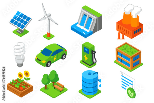 Sustainability Icons Set. Isometric vector illustration set Sustainability Symbols: solar panel, wind turbine, hydroelectric dam,