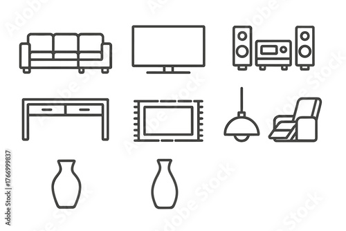 Modern Lounge Icons. Line style icons of Modern Lounge: Sectional Sofa, Flat Screen TV, Sound System, Console Table, Carpet,
