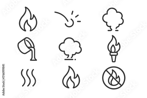 Fire and Heat Icons. Line style icons of Fire and heat: flame, spark trail, ember, molten metal, smoke cloud, torch flame, heat