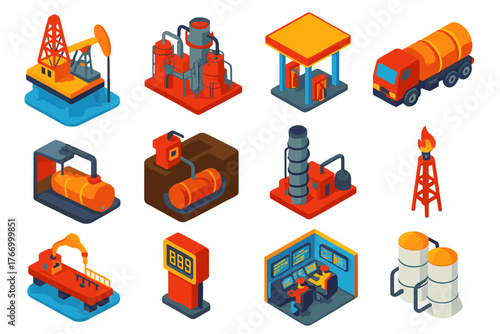 Fuel Infrastructure Icons. Isometric vector illustration set Fuel Infrastructure: oil rig, fuel refinery, gas station canopy,