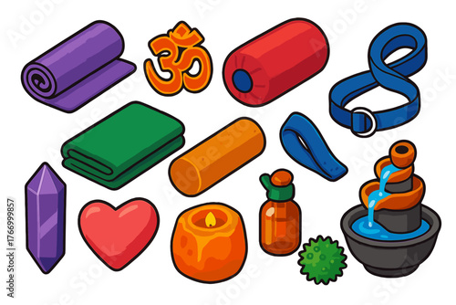 Yoga Essentials Icons. Isometric vector illustration set Yoga and Mindfulness Essentials: folding yoga mat, OM symbol sticker,