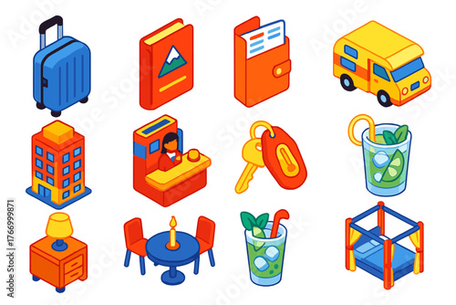 Travel & Hospitality Icons. Isometric vector illustration set Travel and Hospitality: smart luggage, guidebook, boarding pass