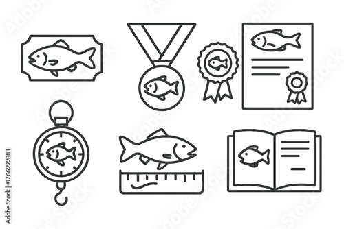 Fishing Trophy Icons. Line style icons of Fishing trophies: mounted fish, medal, ribbon, certificate, scale, measuring board,