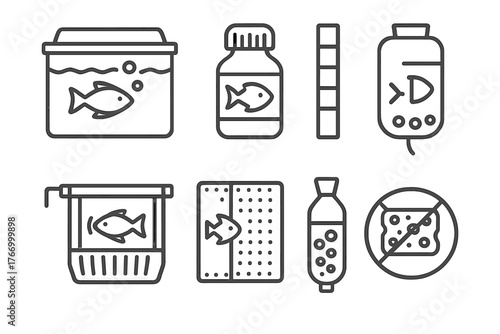 Fish Care Icons. Line style icons of Fish care: quarantine tank, medicine bottle, water testing strip, breeding box, divider, egg