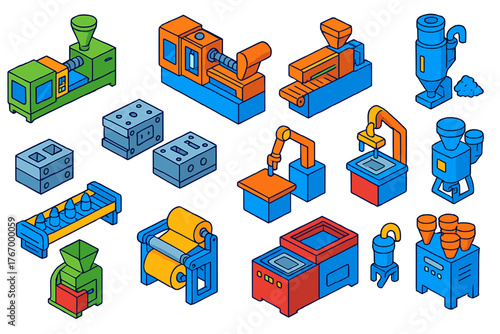 Plastic Manufacturing Machinery. Isometric vector illustration set Plastic Manufacturing: injection molding machine, blow molding