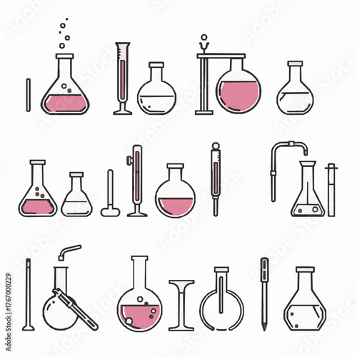 Laboratory Glassware with Pink Liquid and Bubbles Icons in Black and White and Pink Keywords: laboratory, science, chemistry, glassware, equipment, beaker, flask, test tube, research, experiment