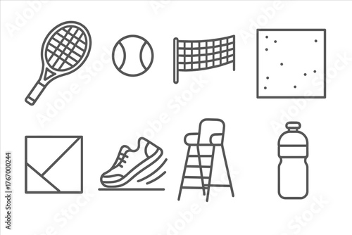 Clay Court Icons. Line style icons of Clay Court: Racket, Ball, Net, Clay Surface, Marked Line, Sliding Shoe, Umpire Chair, Water
