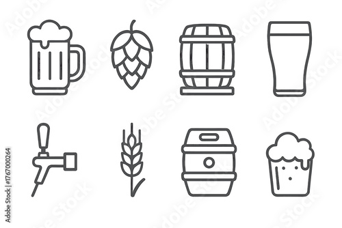 Brewery Line Icons. Line style icons of Brewery: Beer Mug, Hops, Barrel, Pint Glass, Beer Tap, Wheat Sheaf, Keg, Foam Head, No