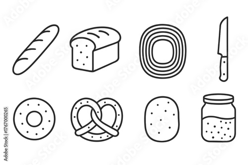 Bread Making Icons. Line style icons of Bread Making: Baguette, Loaf, Proofing Basket, Bread Knife, Bagel, Pretzel, Flatbread,