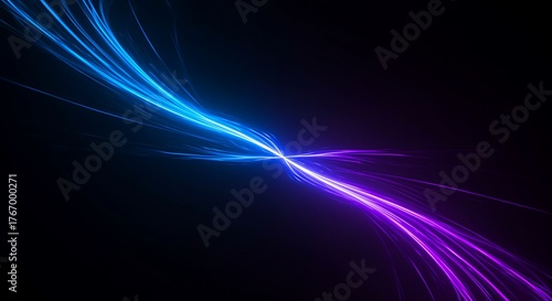 Abstract intersecting light trails in blue and purple on a black background, symbolizing energy convergence or digital transformation