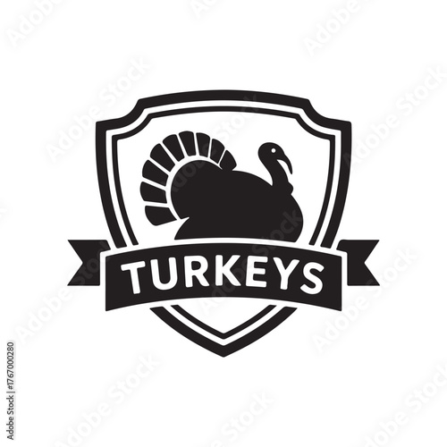 A black and white logo featuring a turkey's inside a shield with a banner white background