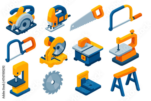 Saw Tools Collection. Isometric vector illustration set Tools: circular saw, jigsaw, handsaw, hacksaw, coping saw, miter saw,
