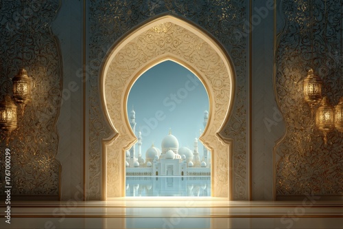 Ramadan Kareem background with mosque window silhouette
