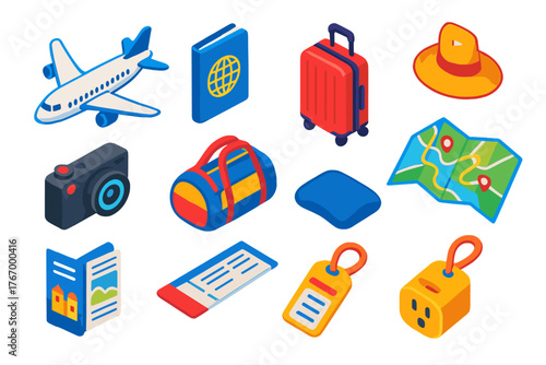 Air Travel Essentials Icons. Isometric vector illustration set Air Travel Essentials: jetliner, visa booklet, four-wheel luggage,