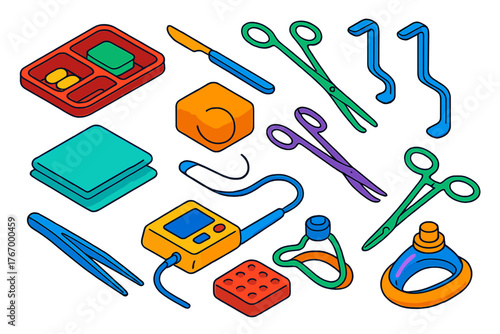 First Aid Tools Icons. Isometric vector illustration set First Aid and Healthcare Tools: surgical tray, scalpel, forceps, clamps,