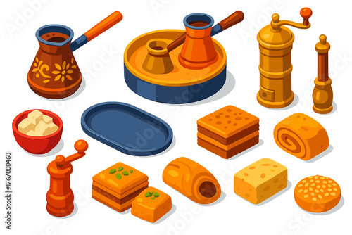 Coffee and Treats Icons. Isometric vector illustration set Coffee Equipment and Breakfast Treats: Turkish coffee pot, sand coffee