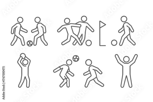 Soccer Match Icons. Line style icons of Soccer Match: Kickoff, Tackle, Corner Kick, Free Kick, Penalty Kick, Throw-in, Header,