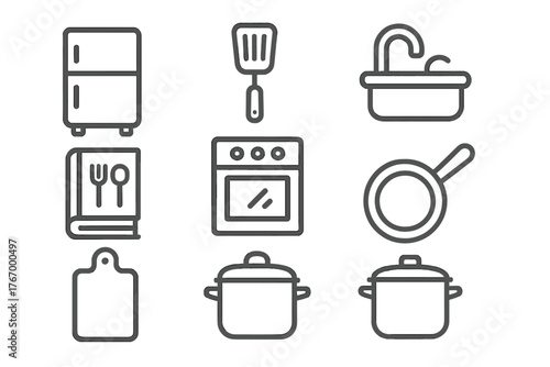 Kitchen Line Icons. Line style icons of Kitchen: Refrigerator, Spatula, Sink, Cookbook, Oven, Frying Pan, Cutting Board, Pot, No