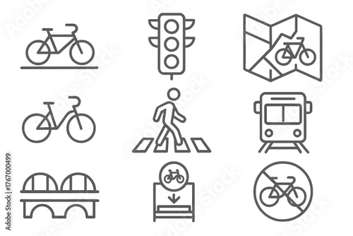 Urban Cycling Icons. Line style icons of Urban cycling: bike lane, traffic light, city map, bicycle parking, crosswalk, bus lane,