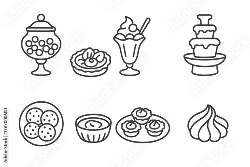 Dessert Table Icons. Line style icons of Dessert Table: Candy Jar, Fruit Tart, Ice Cream Sundae, Chocolate Fountain, Cookie Plate,