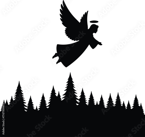 Vector angel flying over pine tree forest Christmas silhouette illustration