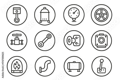 Steam Engine Diagrams. Line style round vector icons of Steam Engine: Piston, Boiler, Pressure Gauge, Flywheel; Steam Valve,