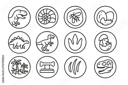 Dinosaur Line Art. Line style icons of dinosaurs in round shape: Tyrannosaurus Rex, fossil, amber, Triceratops; Stegosaurus,
