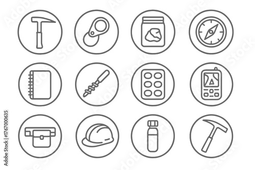 Geological Tools Icons. Line style icons of geological tools in round shape: rock hammer, hand lens, sample bag, compass