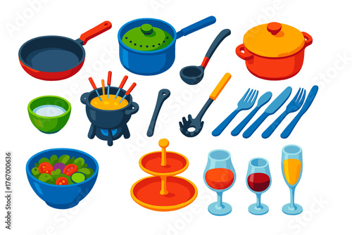 Kitchenware Icon Set. Isometric vector illustration set Kitchen and Dining Elements: sauté skillet, saucepan steamer, Dutch oven,