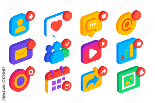 Social Media Alerts. Isometric vector illustration set Social Media Alerts: new follower alert, post like notification, comment