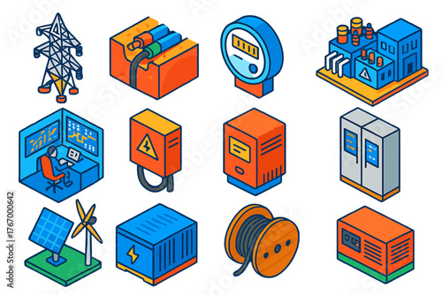 Energy Infrastructure Icons. Isometric vector illustration set Energy Infrastructure: transmission tower, underground power cables