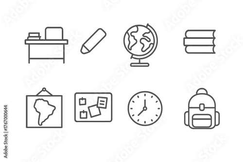 Classroom Essentials Icons. Line style icons of Classroom: Teacher’s Desk, Chalk, Globe, Books, Map, Bulletin Board, Clock,