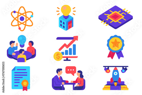 Quantum Startup Icons. Isometric vector illustration set Quantum Tech Startups: startup pitch deck with atom, innovation hub icon,